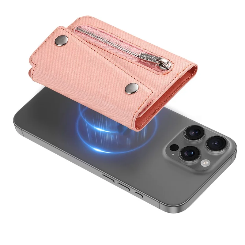 MC-W40 Twill Cloth Texture PU Leather Magnetic Wallet Card Holder Zippered Coin Pouch - Pink