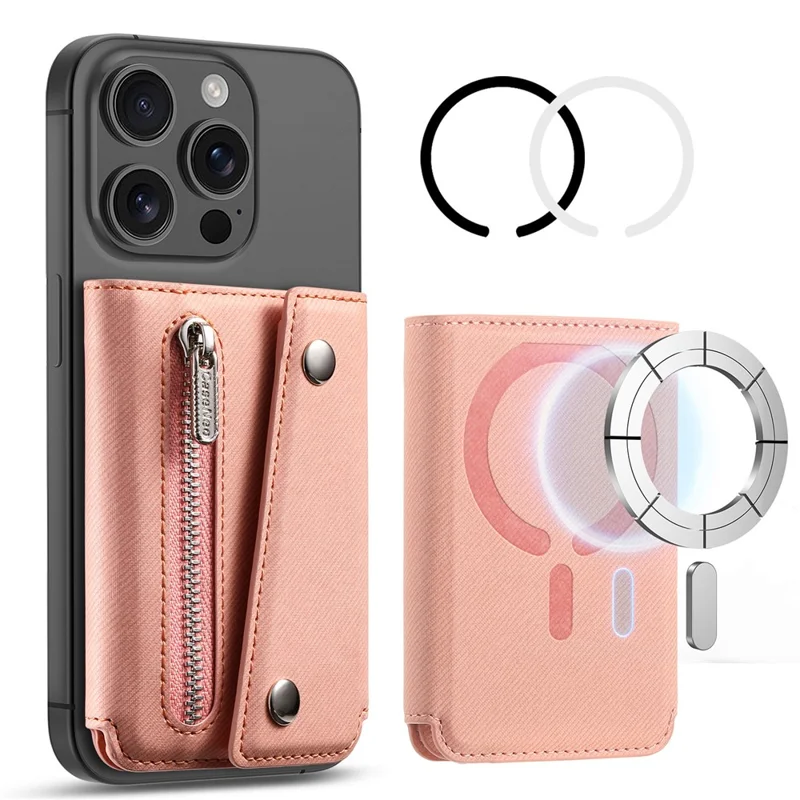 MC-W40 Twill Cloth Texture PU Leather Magnetic Wallet Card Holder Zippered Coin Pouch - Pink