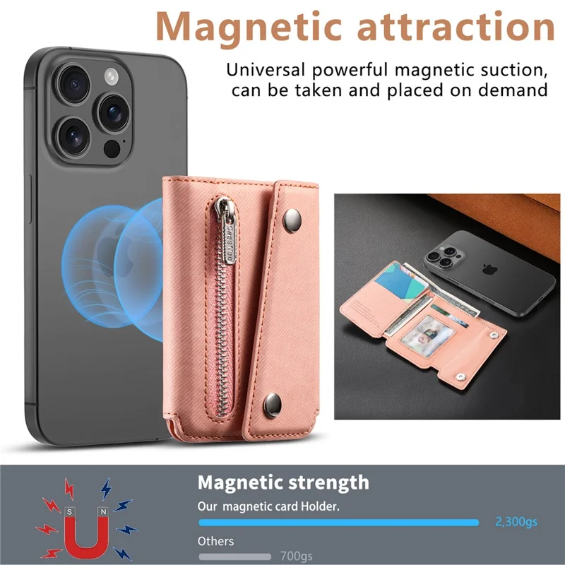 MC-W40 Twill Cloth Texture PU Leather Magnetic Wallet Card Holder Zippered Coin Pouch - Pink