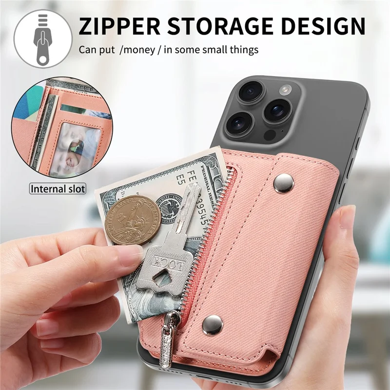 MC-W40 Twill Cloth Texture PU Leather Magnetic Wallet Card Holder Zippered Coin Pouch - Pink