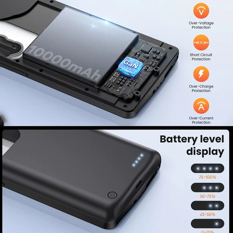 For Samsung Galaxy S25+ / S24+ Phone Battery Case 10000mAh Power Bank Rechargeable Extended Battery Pack - Black