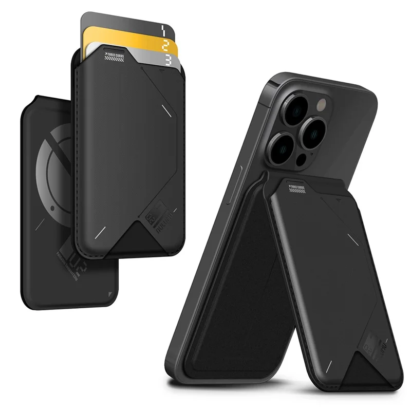 AULUMU G02 Magnetic Card Holder Stand Bi-Fold Wallet Case with ID Window - Black