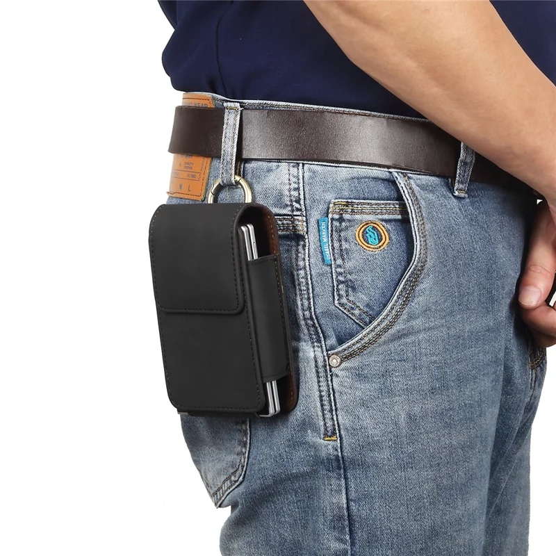 Universal Foldable Phone Belt Pouch PU Leather Holster Case with Clip for Folding Phones (Practical Size: 8.8x13.0x2.5cm) - Black
