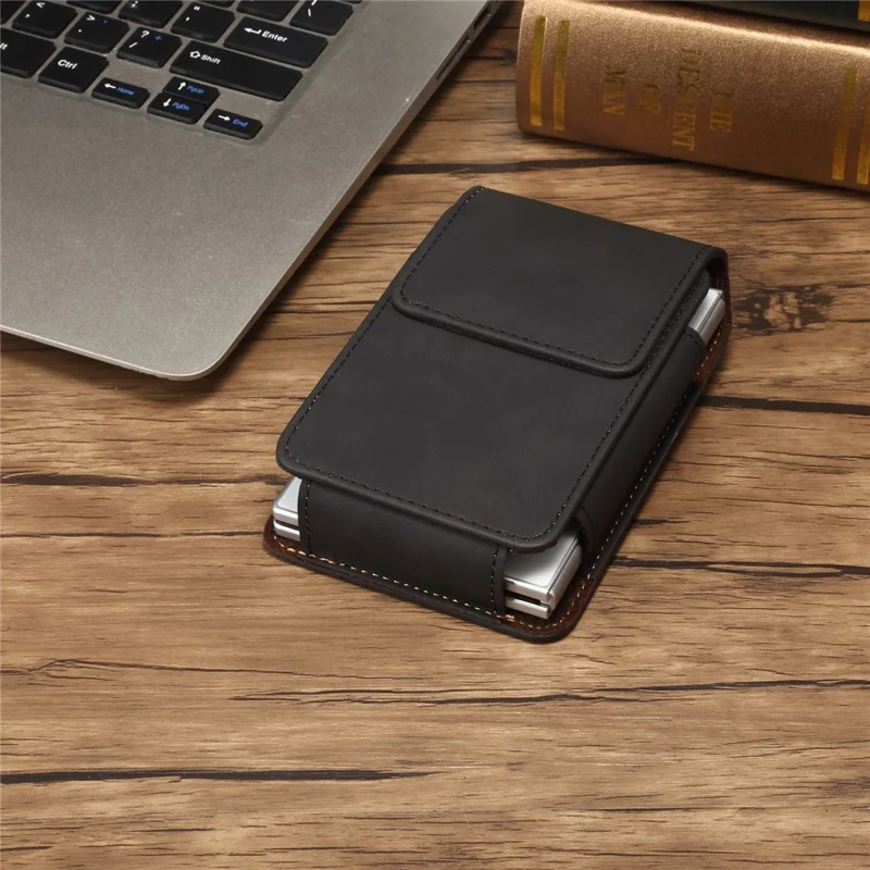 Universal Foldable Phone Belt Pouch PU Leather Holster Case with Clip for Folding Phones (Practical Size: 8.8x13.0x2.5cm) - Black