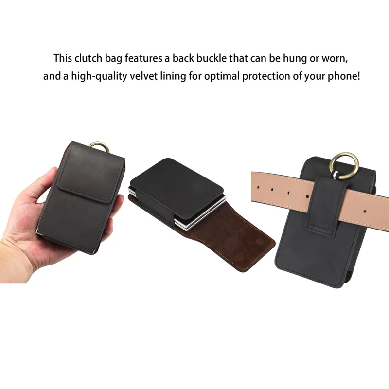 Universal Foldable Phone Belt Pouch PU Leather Holster Case with Clip for Folding Phones (Practical Size: 8.8x13.0x2.5cm) - Black