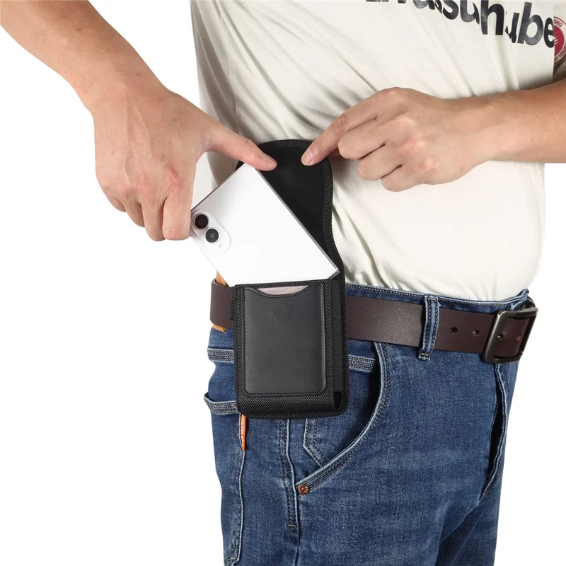 Magnetic Oxford Fabric Foldable Phone Holster Universal Belt Clip Pouch with Card Slots - Black
