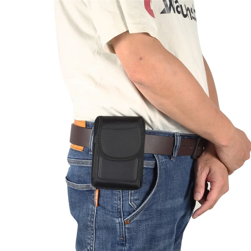 Magnetic Oxford Fabric Foldable Phone Holster Universal Belt Clip Pouch with Card Slots - Black