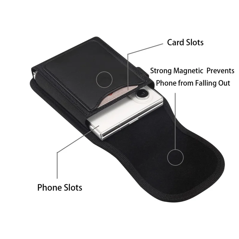 Magnetic Oxford Fabric Foldable Phone Holster Universal Belt Clip Pouch with Card Slots - Black