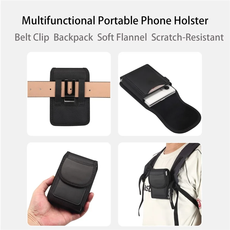 Magnetic Oxford Fabric Foldable Phone Holster Universal Belt Clip Pouch with Card Slots - Black