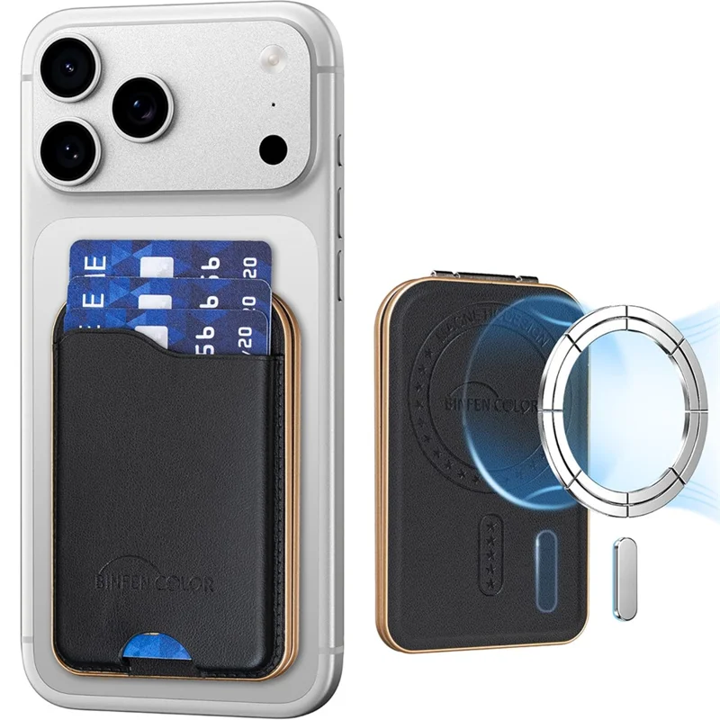 BINFEN COLOR BFK47 Leather Magnetic Card Holder with Kickstand  /  Vanity Mirror for iPhone 12 - 17 Series - Black