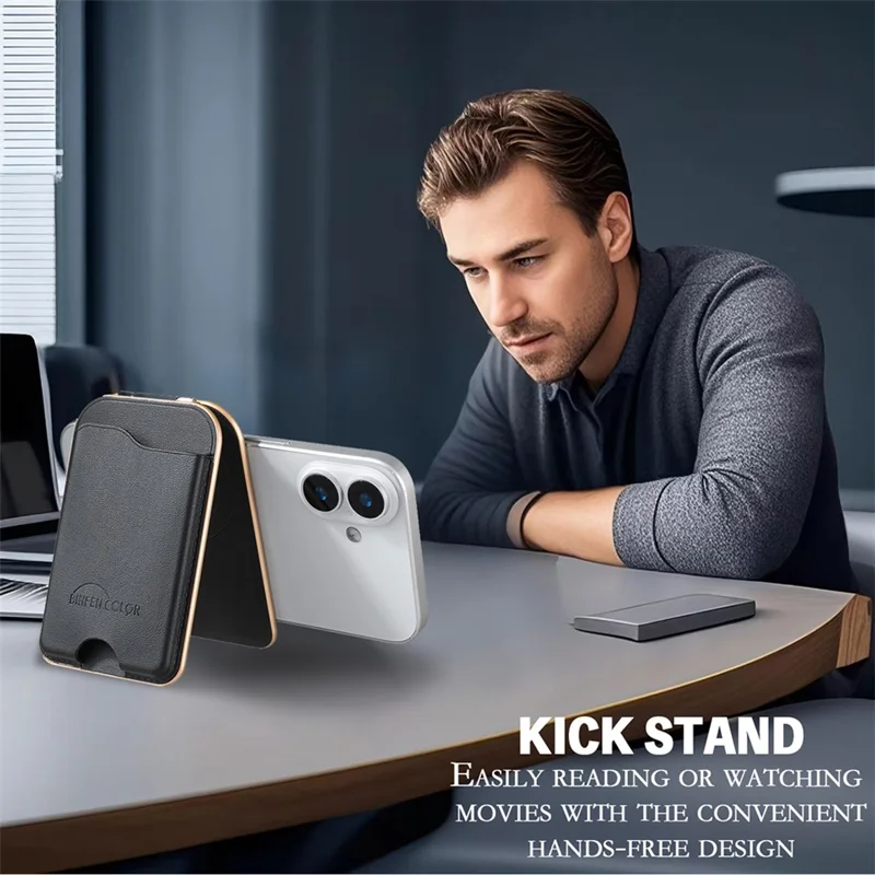 BINFEN COLOR BFK47 Leather Magnetic Card Holder with Kickstand  /  Vanity Mirror for iPhone 12 - 17 Series - Black