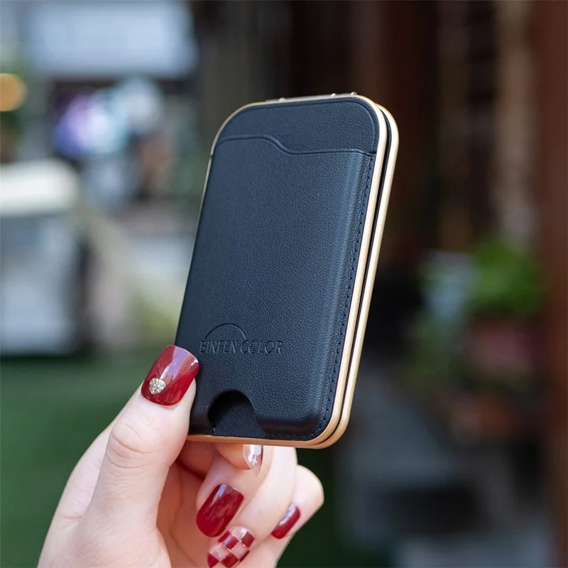 BINFEN COLOR BFK47 Leather Magnetic Card Holder with Kickstand  /  Vanity Mirror for iPhone 12 - 17 Series - Black