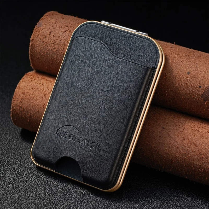 BINFEN COLOR BFK47 Leather Magnetic Card Holder with Kickstand  /  Vanity Mirror for iPhone 12 - 17 Series - Black