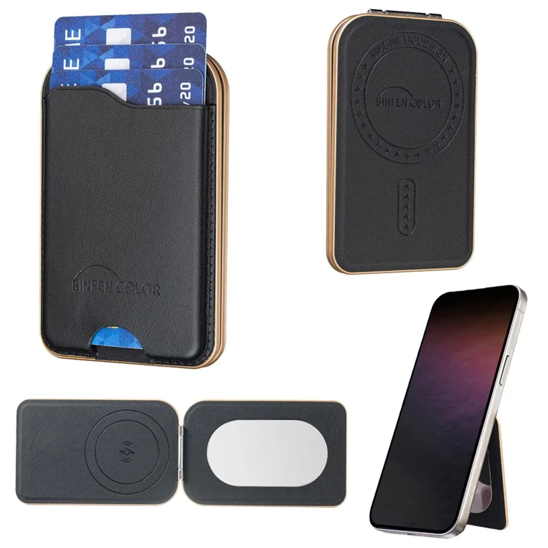BINFEN COLOR BFK47 Leather Magnetic Card Holder with Kickstand  /  Vanity Mirror for iPhone 12 - 17 Series - Black