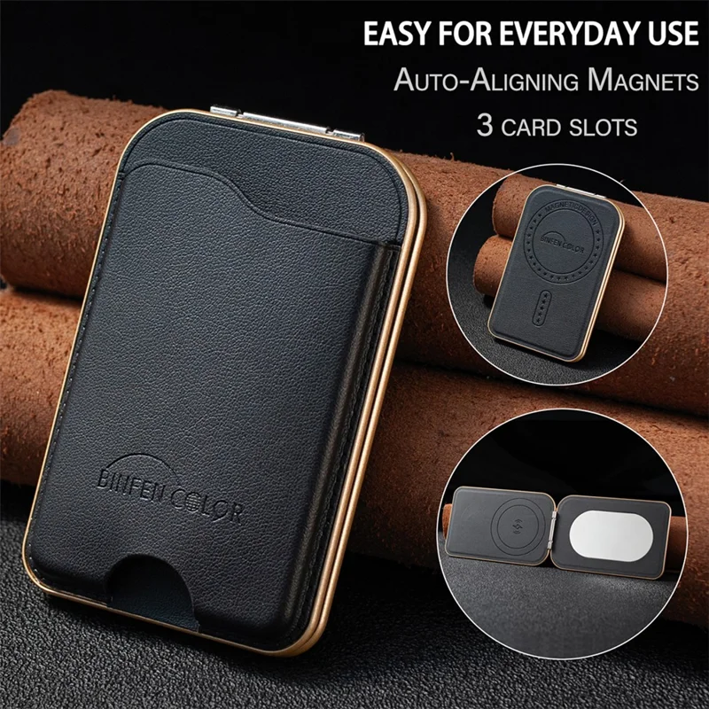 BINFEN COLOR BFK47 Leather Magnetic Card Holder with Kickstand  /  Vanity Mirror for iPhone 12 - 17 Series - Black