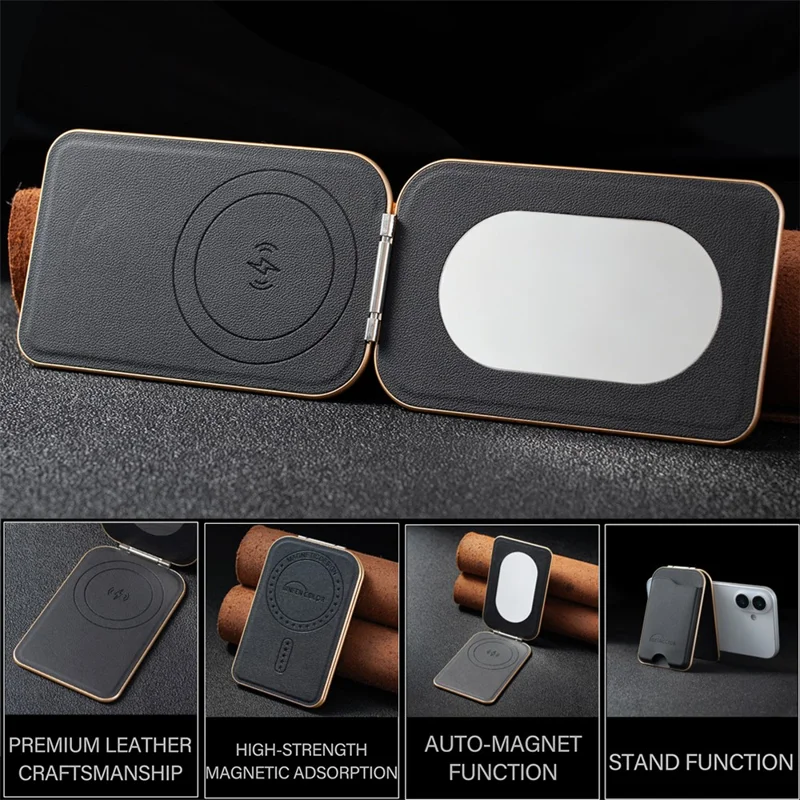 BINFEN COLOR BFK47 Leather Magnetic Card Holder with Kickstand  /  Vanity Mirror for iPhone 12 - 17 Series - Black
