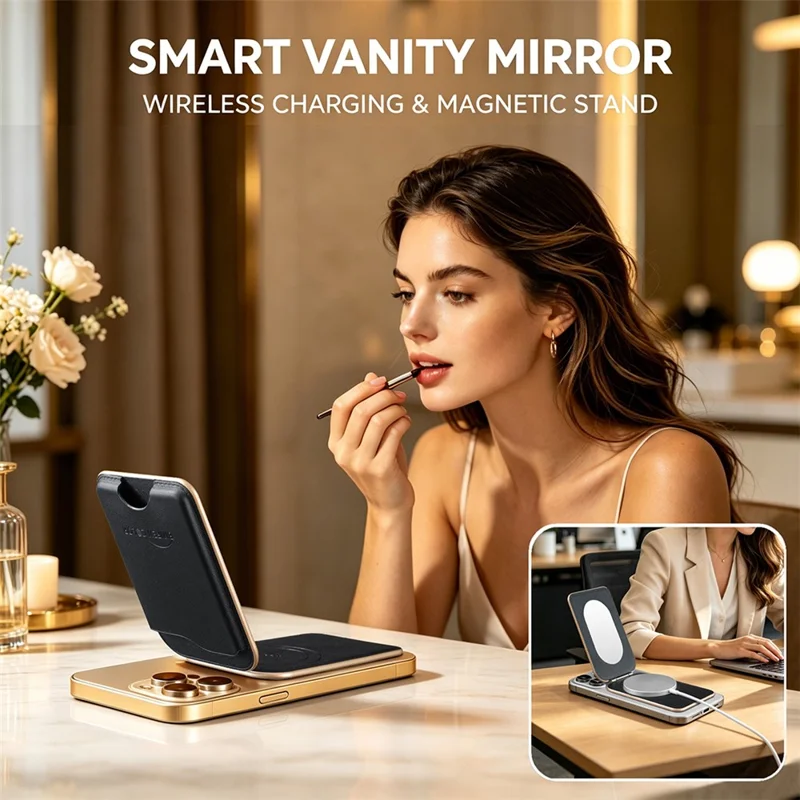 BINFEN COLOR BFK47 Leather Magnetic Card Holder with Kickstand  /  Vanity Mirror for iPhone 12 - 17 Series - Black