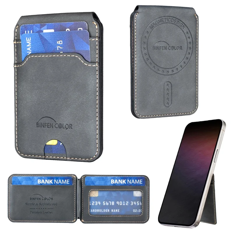 BINFEN COLOR BFK41 Magnetic Card Holder RFID Blocking Phone Wallet with Kickstand Function for iPhone 12 - 17 Series - Black