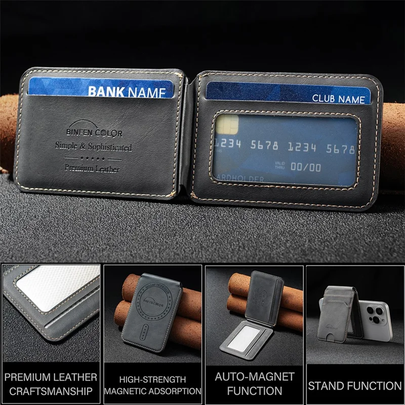 BINFEN COLOR BFK41 Magnetic Card Holder RFID Blocking Phone Wallet with Kickstand Function for iPhone 12 - 17 Series - Black