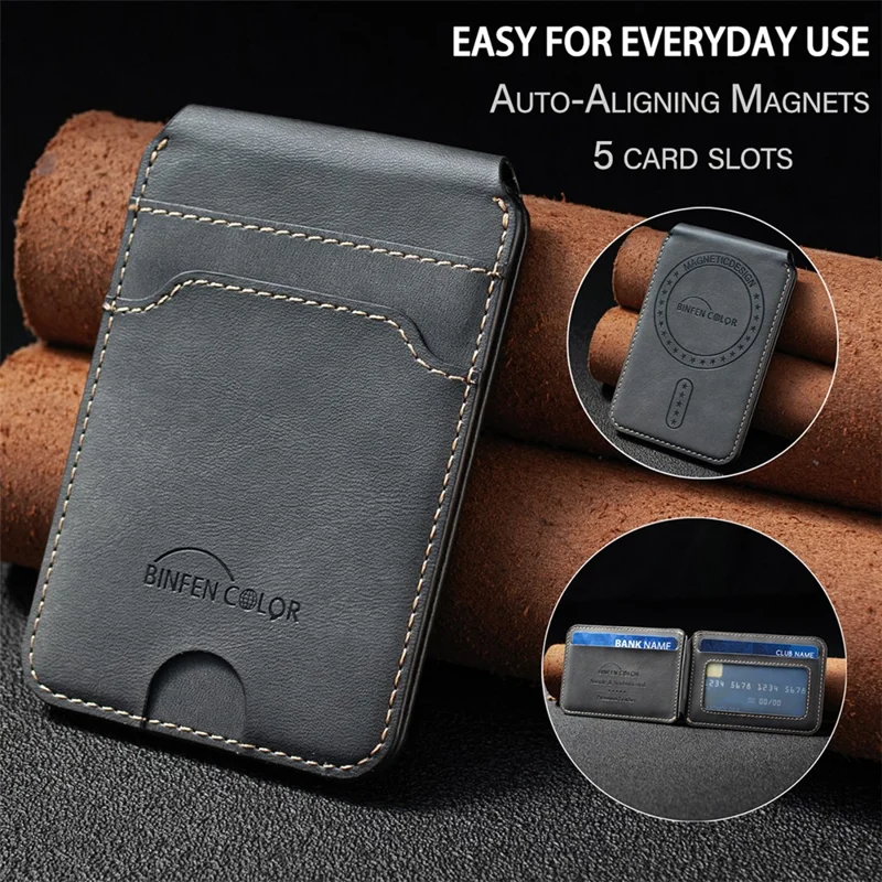 BINFEN COLOR BFK41 Magnetic Card Holder RFID Blocking Phone Wallet with Kickstand Function for iPhone 12 - 17 Series - Black