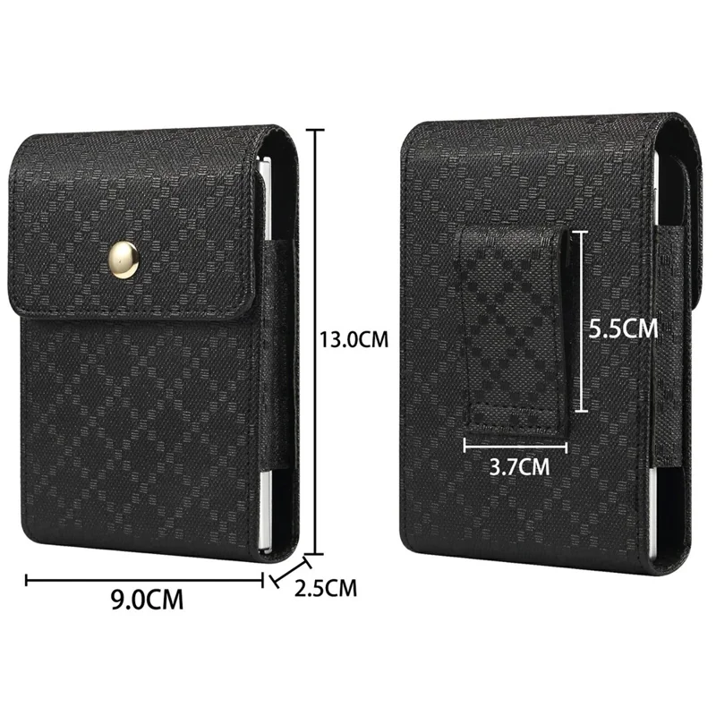 Grid Pattern PU Leather Phone Waist Bag Vertical Pouch Holster with Belt Clip - Black
