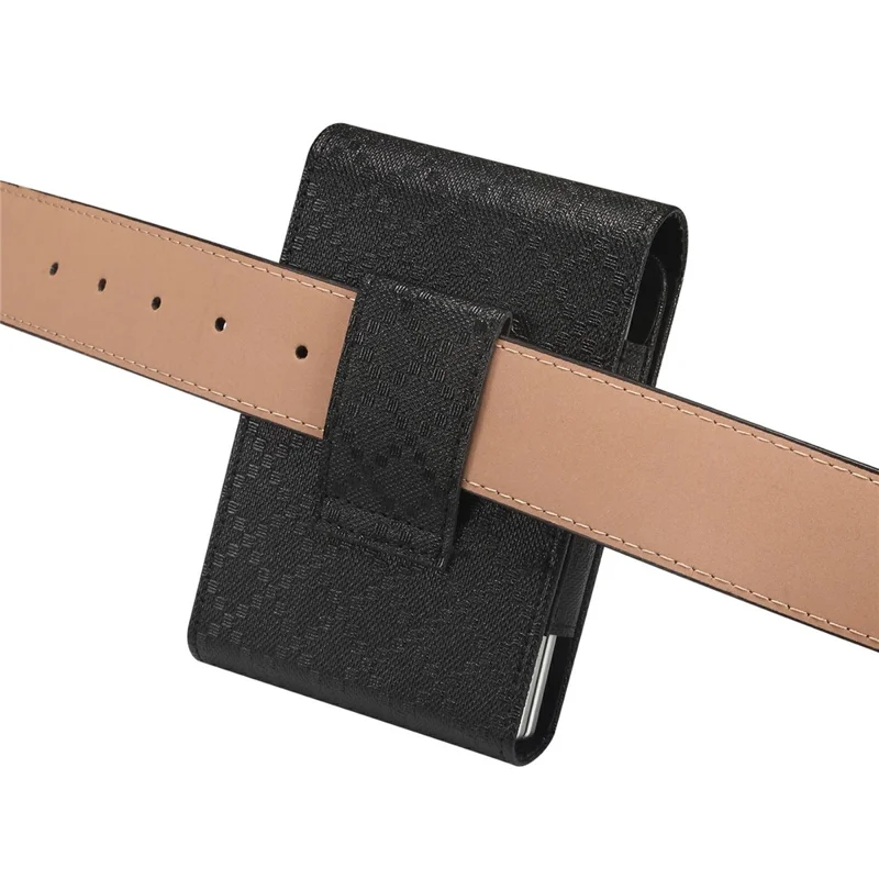 Grid Pattern PU Leather Phone Waist Bag Vertical Pouch Holster with Belt Clip - Black