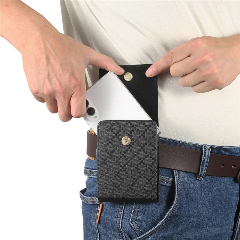Grid Pattern PU Leather Phone Waist Bag Vertical Pouch Holster with Belt Clip - Black