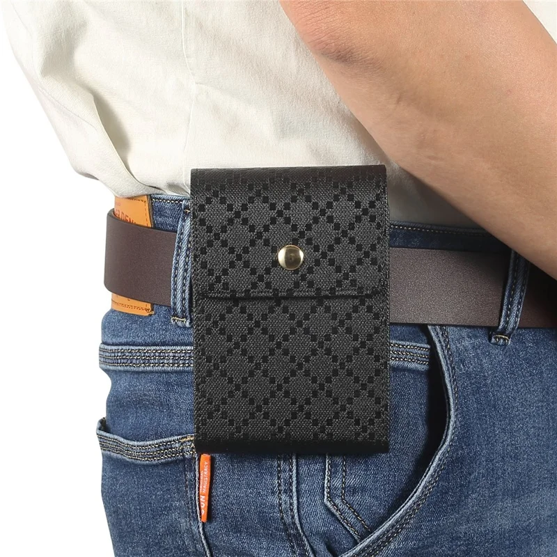 Grid Pattern PU Leather Phone Waist Bag Vertical Pouch Holster with Belt Clip - Black