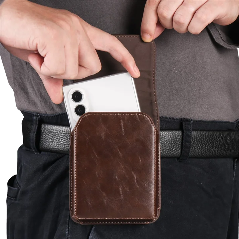 Wide Foldable Phone Waist Bag PU Leather Flip Case Belt Clip Pouch Holster - Coffee