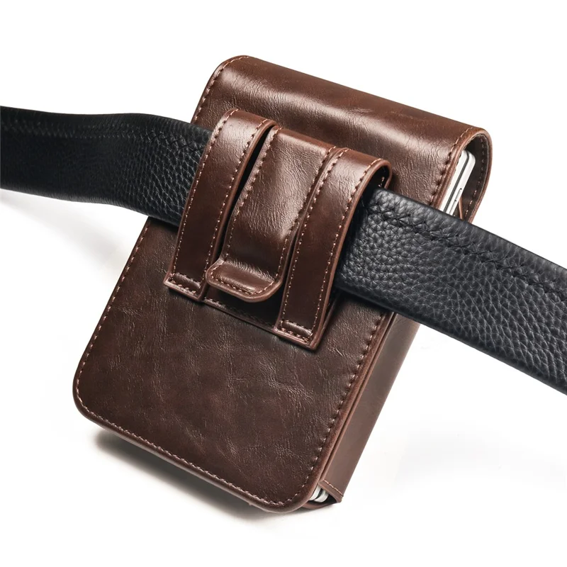 Wide Foldable Phone Waist Bag PU Leather Flip Case Belt Clip Pouch Holster - Coffee