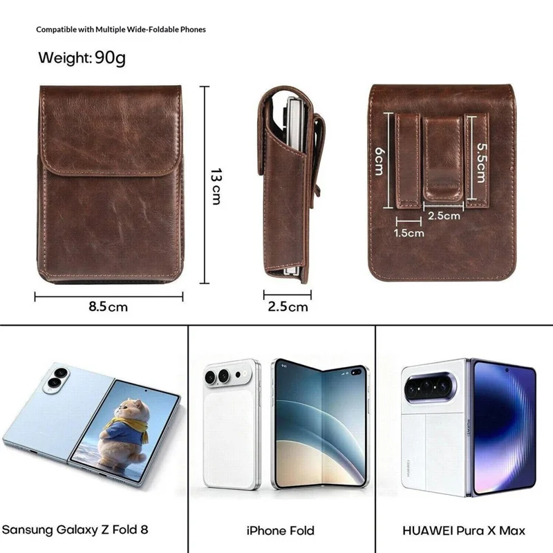 Wide Foldable Phone Waist Bag PU Leather Flip Case Belt Clip Pouch Holster - Coffee
