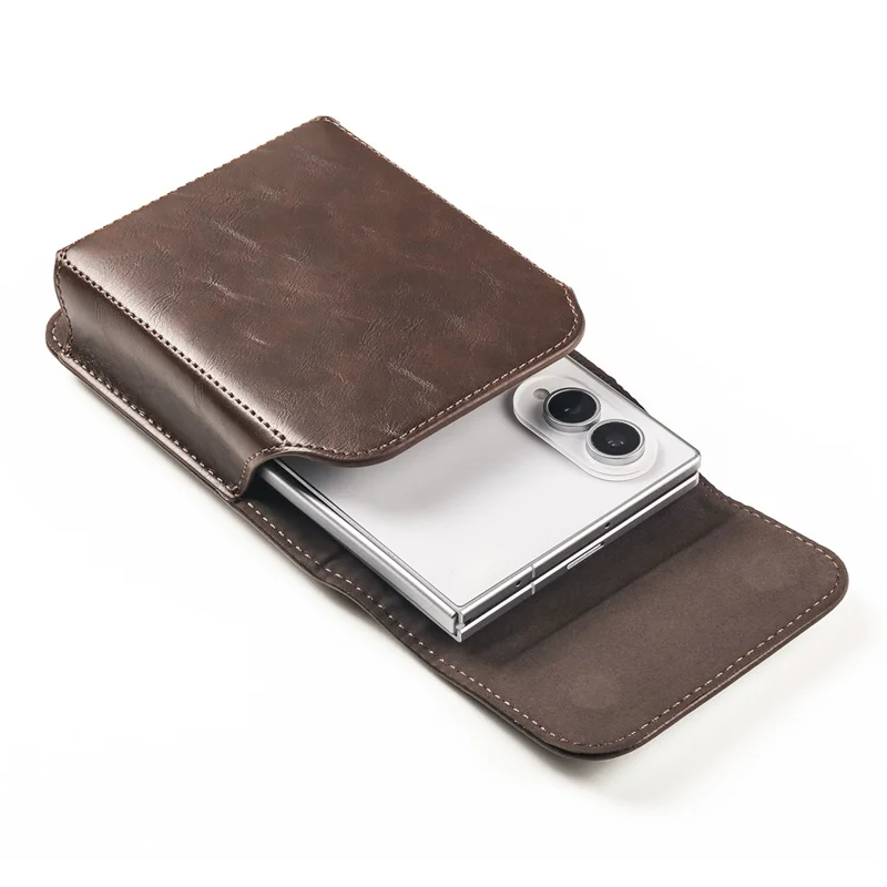Wide Foldable Phone Waist Bag PU Leather Flip Case Belt Clip Pouch Holster - Coffee
