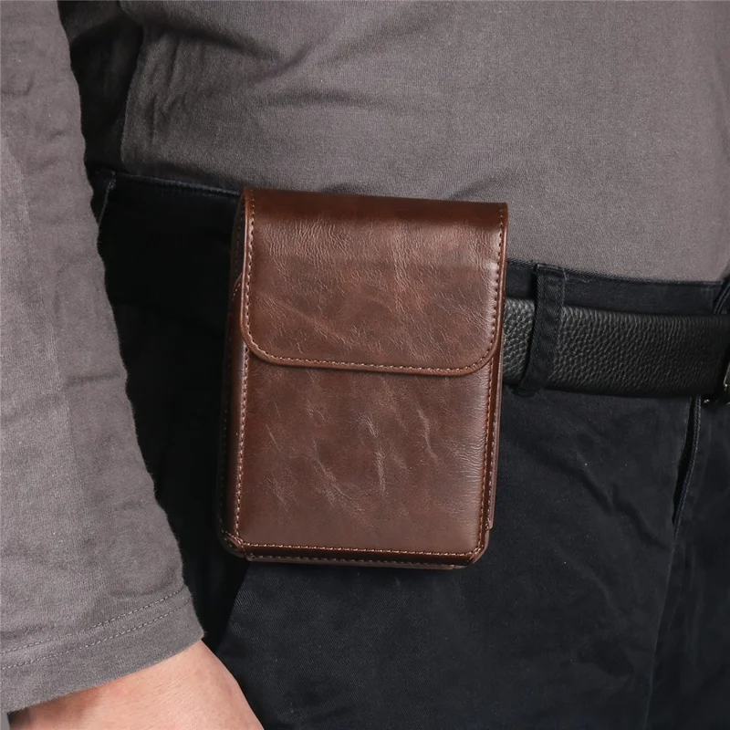 Wide Foldable Phone Waist Bag PU Leather Flip Case Belt Clip Pouch Holster - Coffee