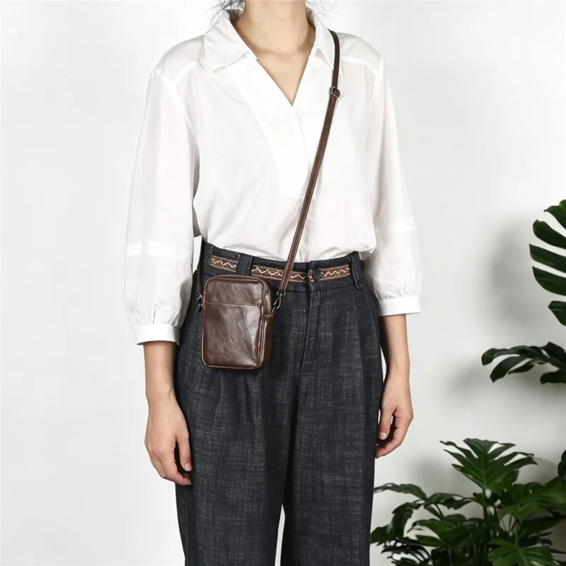 Crazy Horse Leather Foldable Waist Bag with Removable Shoulder Strap Folding Phone Phone Pouch - Coffee