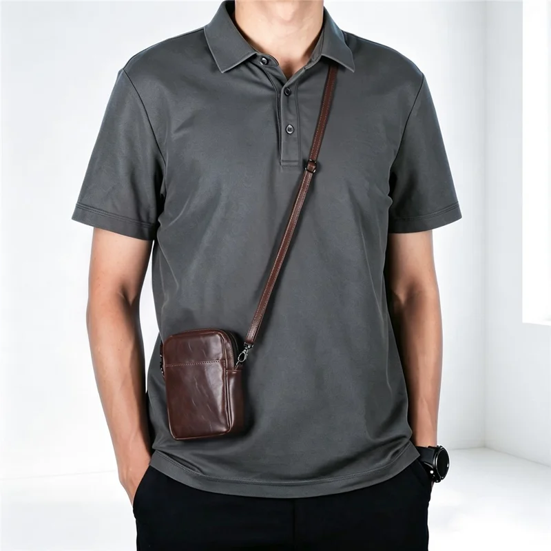 Crazy Horse Leather Foldable Waist Bag with Removable Shoulder Strap Folding Phone Phone Pouch - Coffee
