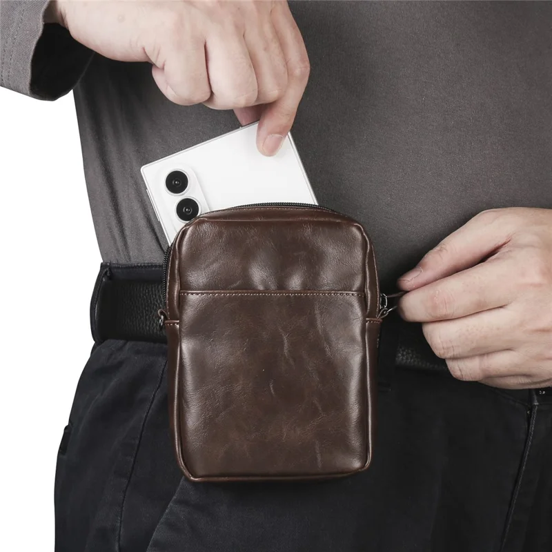 Crazy Horse Leather Foldable Waist Bag with Removable Shoulder Strap Folding Phone Phone Pouch - Coffee