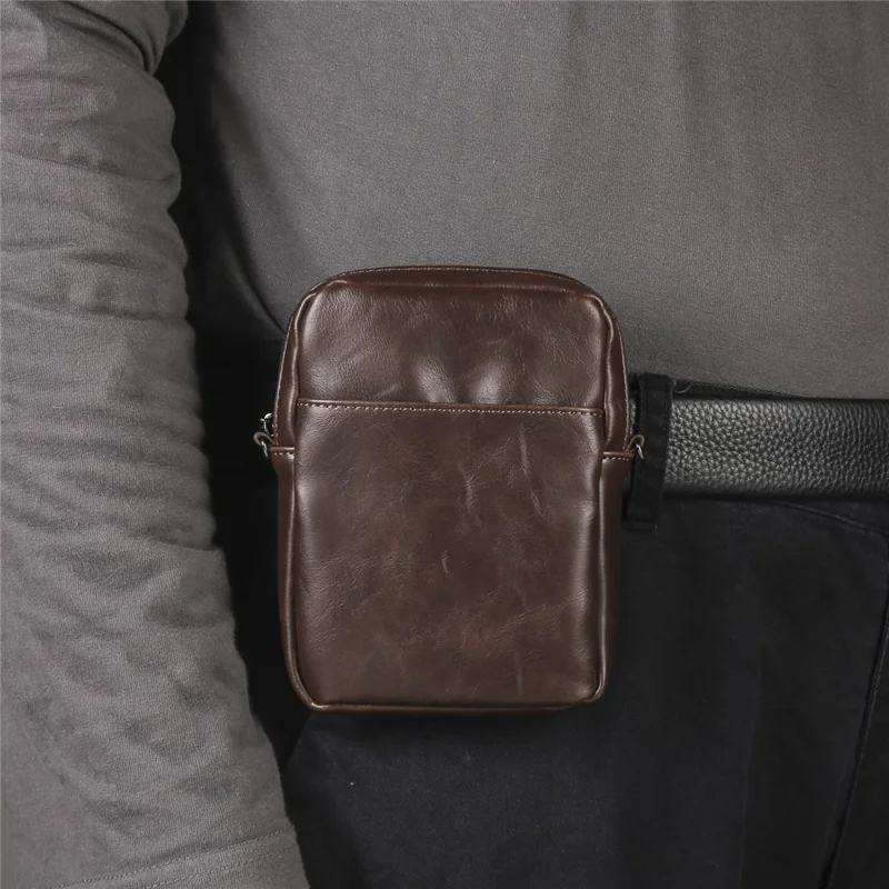 Crazy Horse Leather Foldable Waist Bag with Removable Shoulder Strap Folding Phone Phone Pouch - Coffee