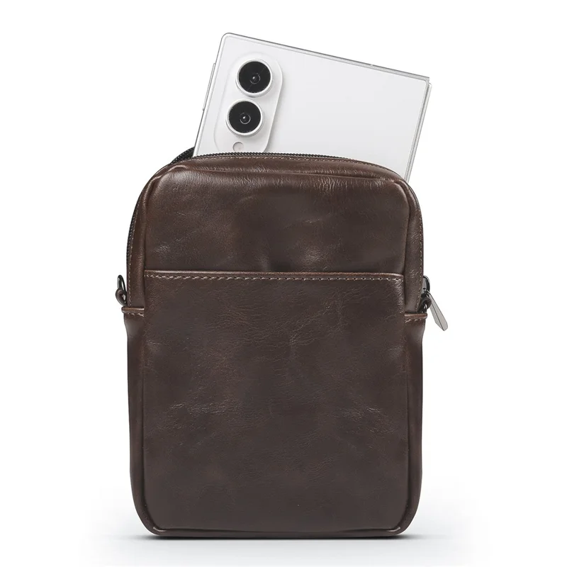 Crazy Horse Leather Foldable Waist Bag with Removable Shoulder Strap Folding Phone Phone Pouch - Coffee