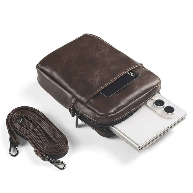Crazy Horse Leather Foldable Waist Bag with Removable Shoulder Strap Folding Phone Phone Pouch - Coffee
