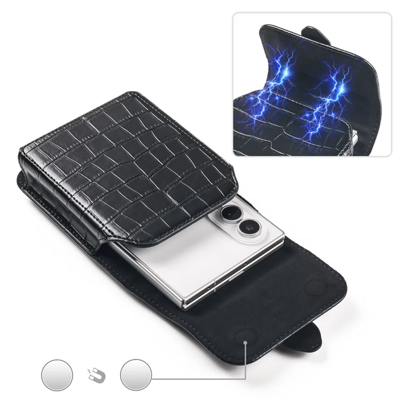 Crocodile Texture PU Leather Foldable Phone Waist Bag Holster Pouch - Black