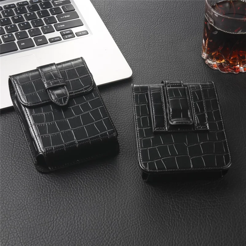 Crocodile Texture PU Leather Foldable Phone Waist Bag Holster Pouch - Black