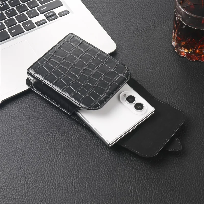 Crocodile Texture PU Leather Foldable Phone Waist Bag Holster Pouch - Black