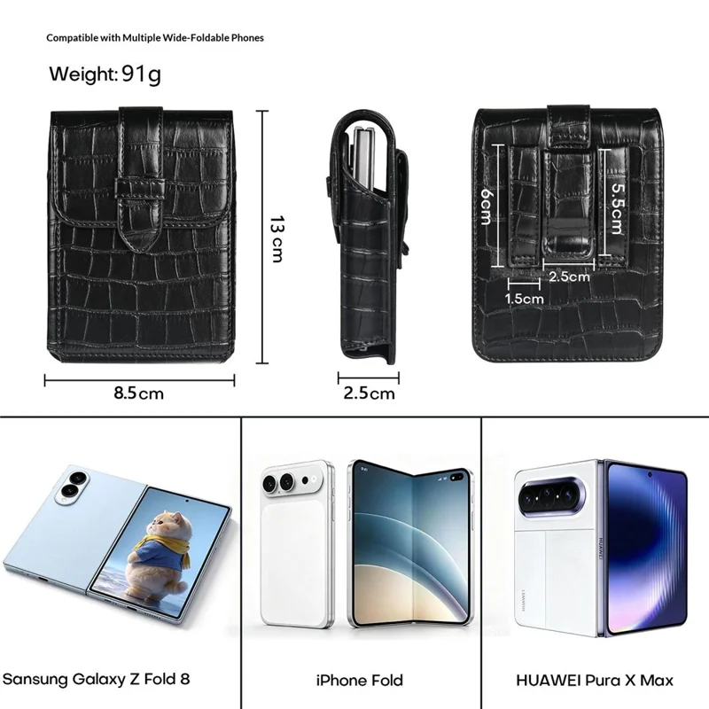 Crocodile Texture PU Leather Foldable Phone Waist Bag Holster Pouch - Black
