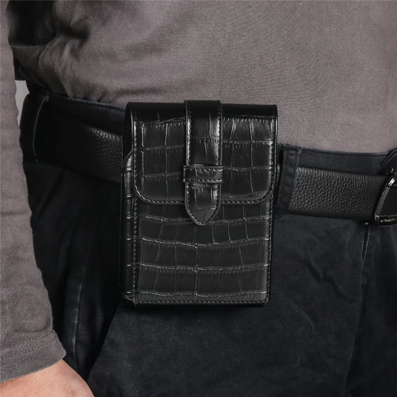 Crocodile Texture PU Leather Foldable Phone Waist Bag Holster Pouch - Black