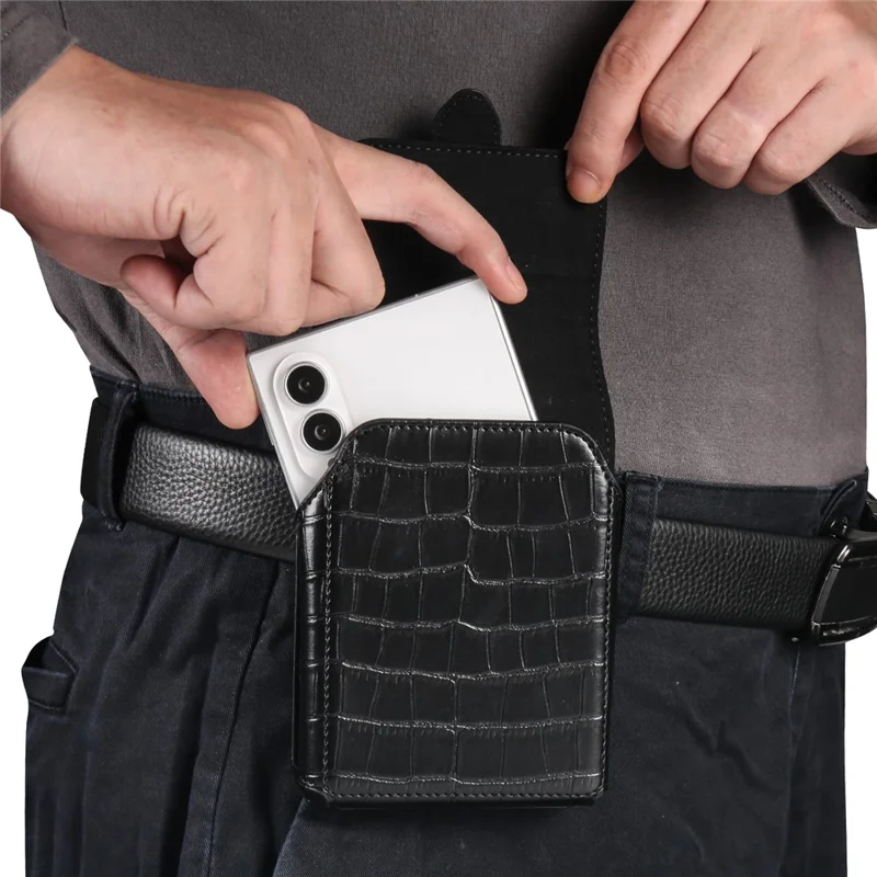 Crocodile Texture PU Leather Foldable Phone Waist Bag Holster Pouch - Black