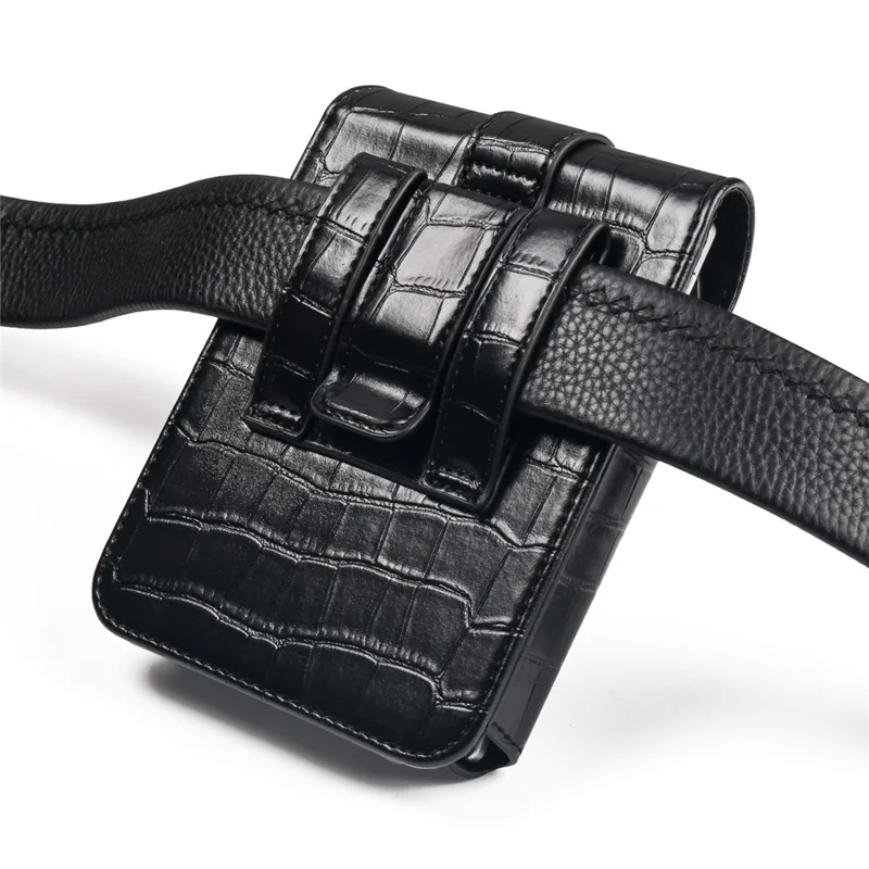 Crocodile Texture PU Leather Foldable Phone Waist Bag Holster Pouch - Black