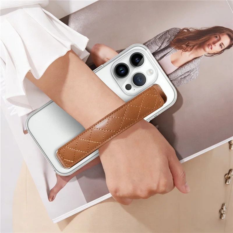 SP-07 Leather Wristband Grip Strap Adhesive Phone Holder for Hands-Free Mobile Device Support - Brown