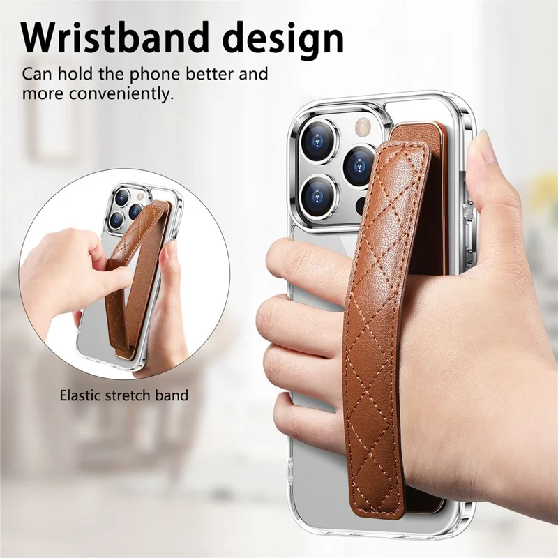 SP-07 Leather Wristband Grip Strap Adhesive Phone Holder for Hands-Free Mobile Device Support - Brown