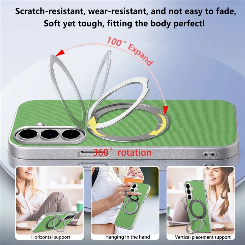 For Samsung Galaxy A35 5G Magnetic Case Ring Kickstand Fine Grid Texture Leather + PC + TPU Phone Cover - Green