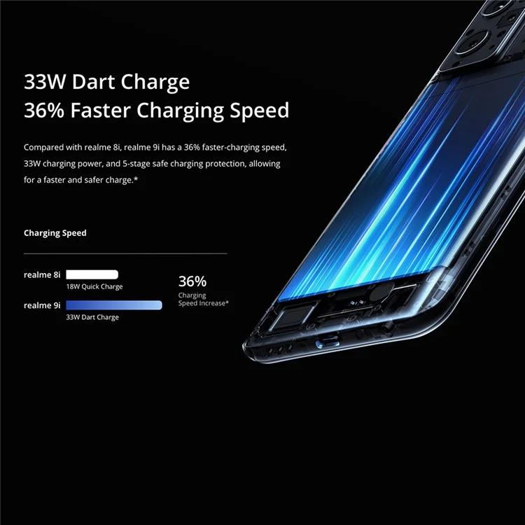 REALME 9i RMX3491 Smartphone 4 go + 128 go 6.6 "50mp Camerie Téléphone Portable 5000mAh Batterie 33W Dart Charge Mobile Phone, Version Globale - Bleu
